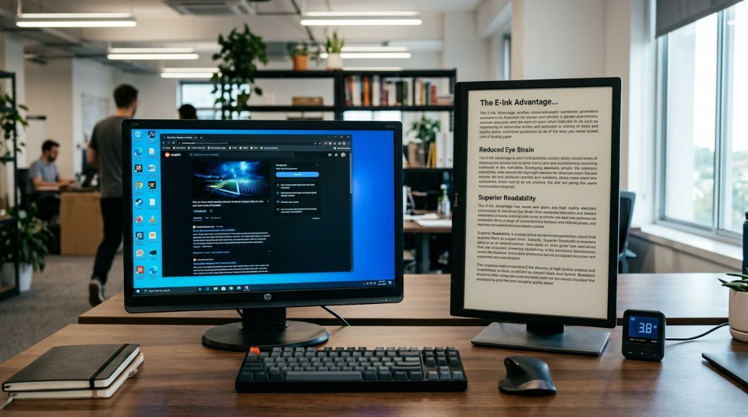 A conceptual infographic comparing a traditional bright LCD screen with a paper-like E-ink display in a corporate office environment, highlighting energy efficiency.