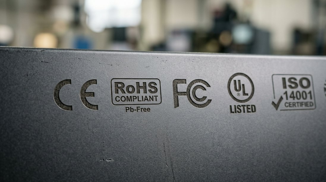 A grid of international certification logos including CE, RoHS, FCC, UL, and ISO 14001 displayed on a clean professional background.