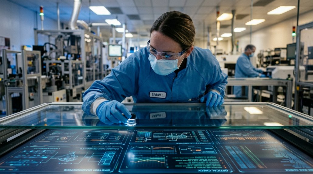 A high-tech industrial environment showing a worker inspecting a large, clear, custom-cut tempered glass panel placed over a high-resolution LCD display with a futuristic interface.