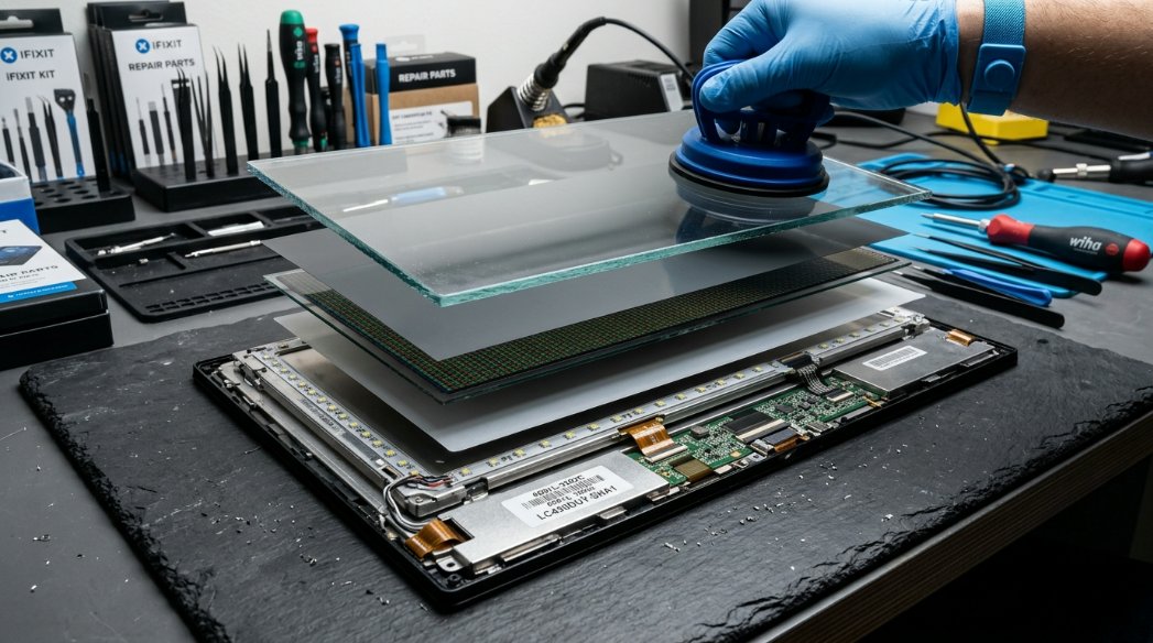 A diagram showing the layering of an LCD screen, with the top layer being a replaceable tempered glass cover, highlighting the 'Right to Repair' and sustainability concept.