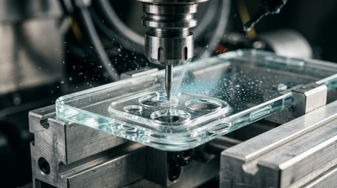 Close-up of a precision CNC machine cutting a complex glass shape with rounded edges and custom holes for buttons or cameras.