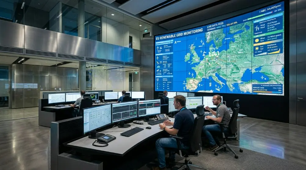 A futuristic control center in Europe using narrow bezel LCD video walls to monitor renewable energy grids.