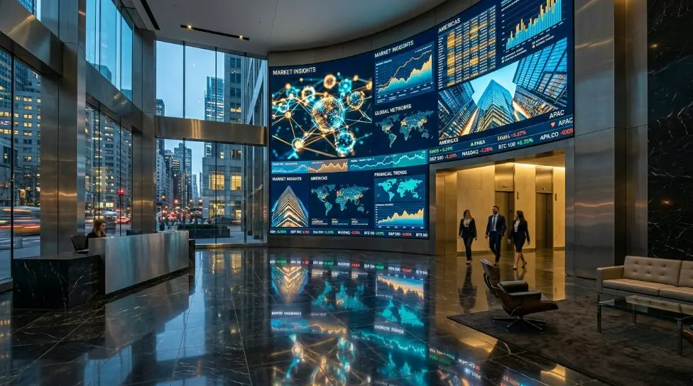 A high-tech corporate lobby in a US skyscraper featuring a massive, seamless Zero Bezel LCD Video Wall displaying vibrant data visualizations.