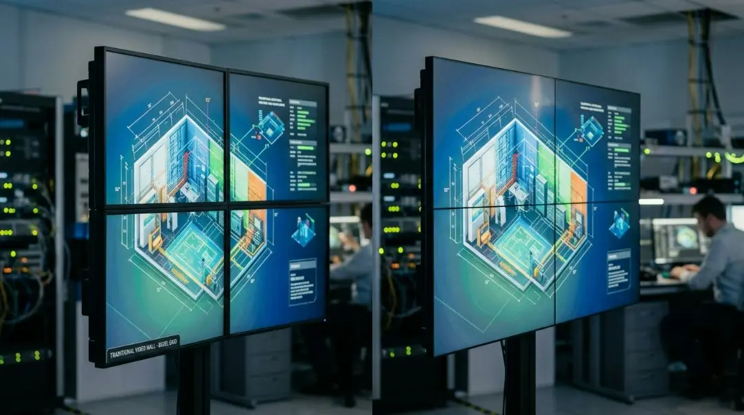 A technical diagram comparing a standard LCD with a Zero Bezel LCD Video Wall, showing the elimination of gaps between panels.
