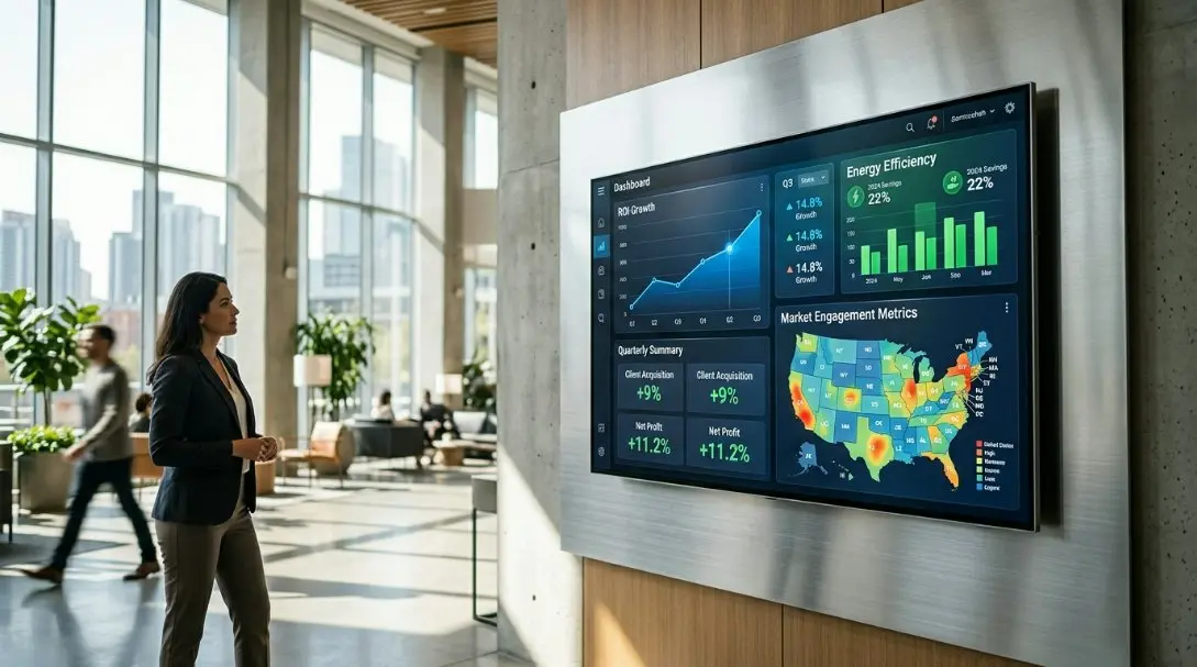 An infographic showing the ROI benefits of commercial displays, including energy savings and engagement metrics for the US market.