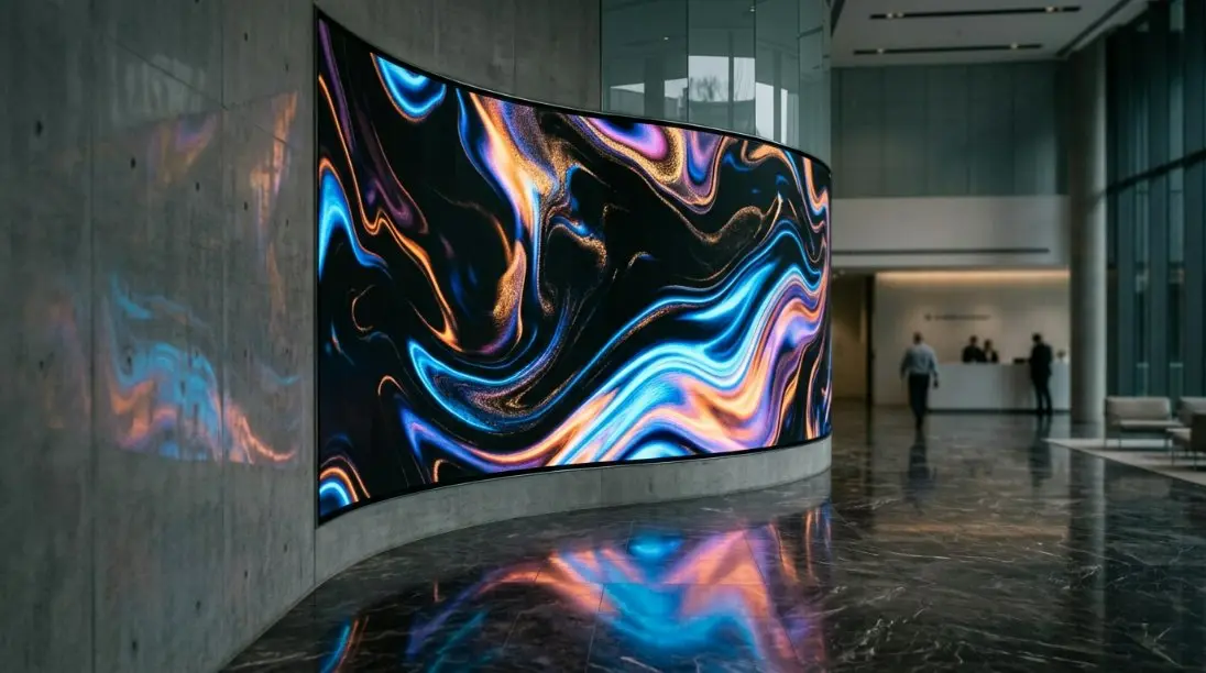 A close-up of a seamless curved LCD video wall displaying vibrant, high-contrast abstract art in a corporate lobby.
