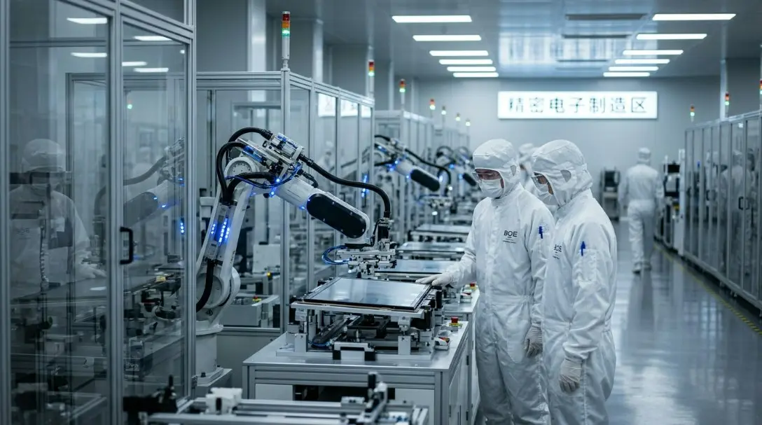 A high-tech automated LCD screen touch factory cleanroom in China with robotic arms and workers in protective gear.