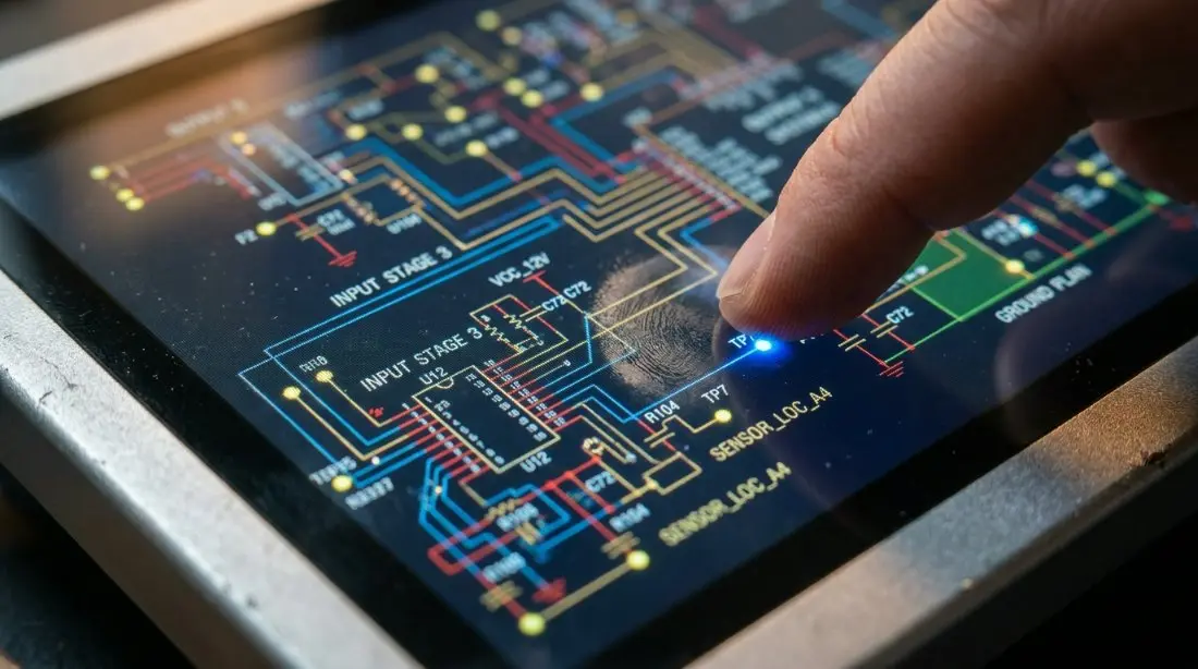 A close-up of a high-resolution interactive touch screen display showing a complex circuit diagram and sensor locations.