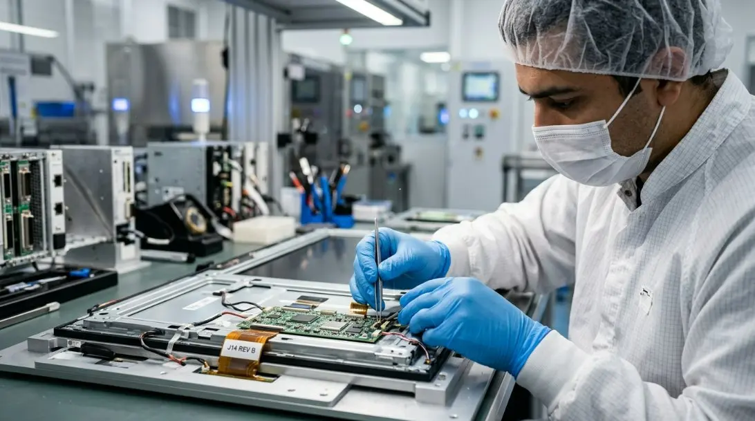 An engineer in a white lab coat assembling an industrial LCD touch panel with specialized tools in a sterilized environment.