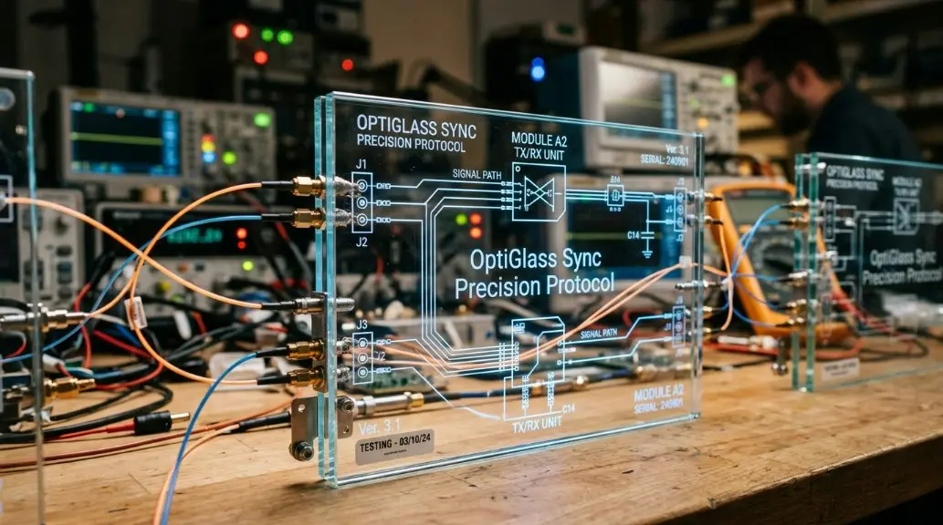 Schematic engineering diagram showing the OptiGlass Sync Precision Protocol architecture with daisy-chained transparent panels.
