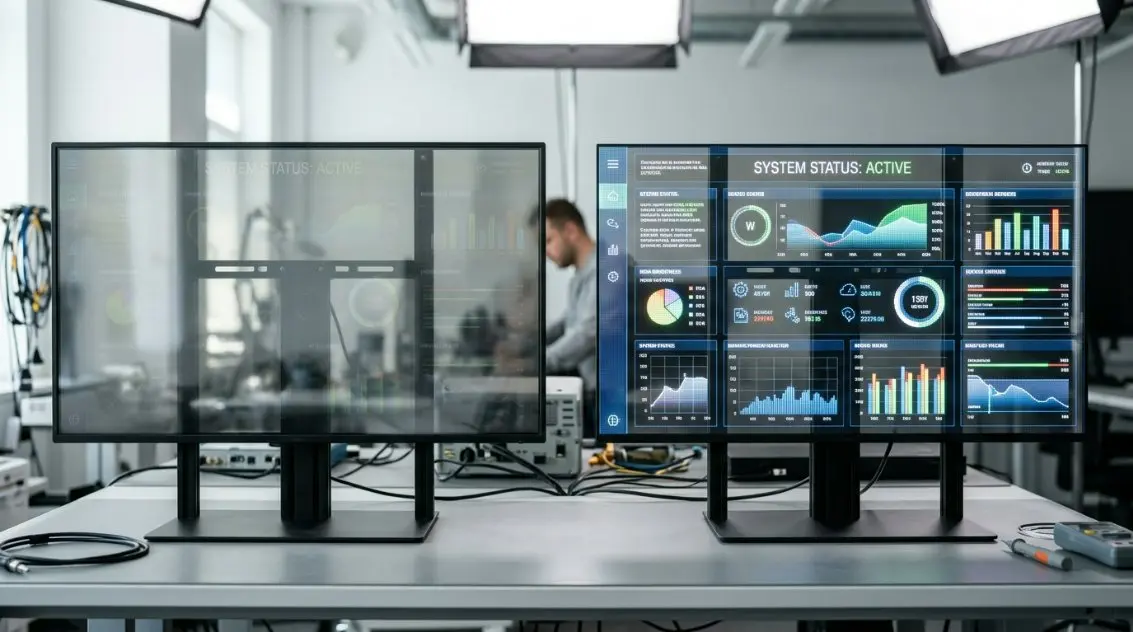 Side-by-side technical comparison of a standard transparent LCD panel and a high-brightness RGBIC transparent video wall display, demonstrating optical differences under high ambient studio lighting.