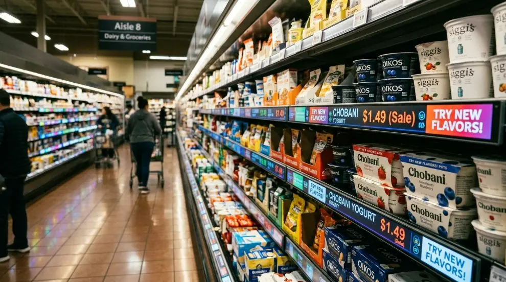 Sleek modern supermarket aisle featuring ultra-wide stretched bar LCD displays installed seamlessly on standard goods shelves showcasing dynamic price tags and colorful advertising banners.