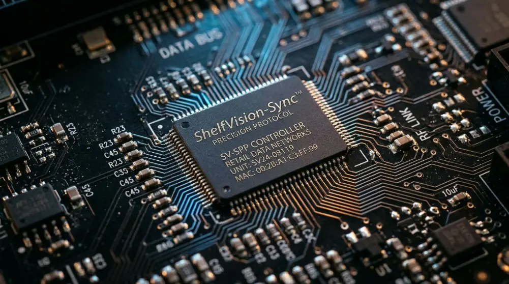 Close-up view of the ShelfVision-Sync Precision Protocol controller chip integrated onto a high-performance motherboard, with glowing connections representing retail data networks.