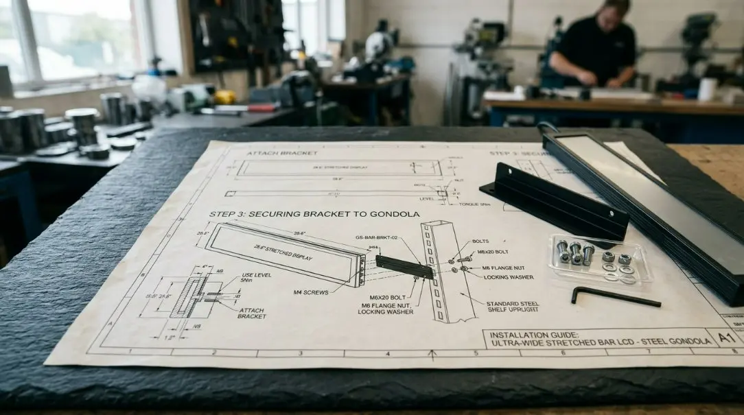 Step-by-step engineering drawing demonstrating the installation of a stretched bar LCD screen onto a standard metal retail store gondola shelf using industrial-grade brackets.