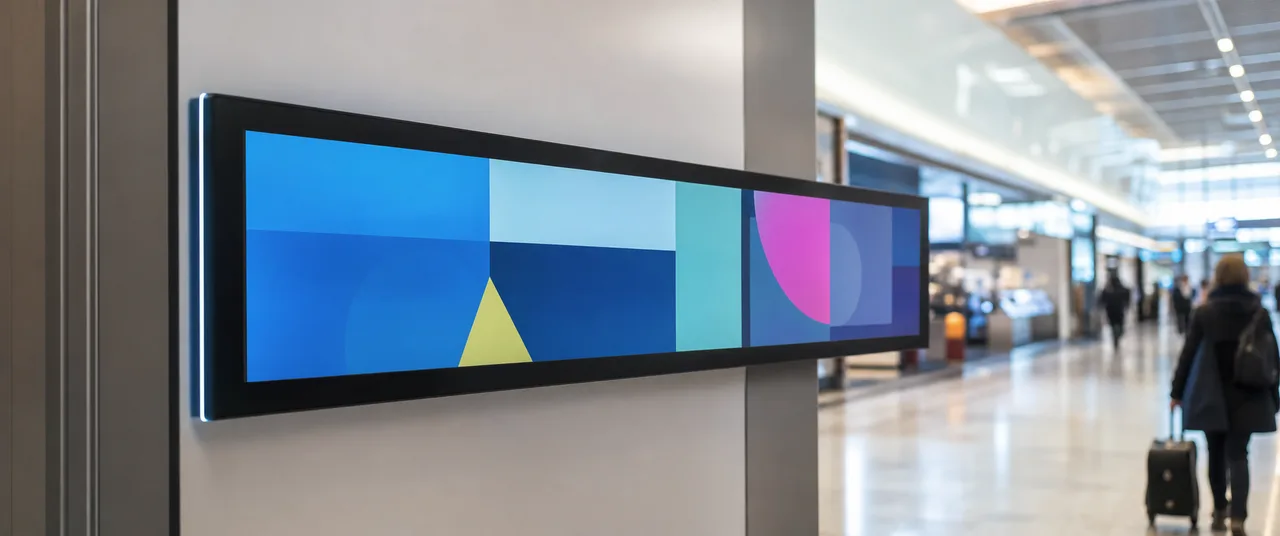 A modern retail or transportation setting using a long narrow touch screen stretched bar LCD display for digital signage